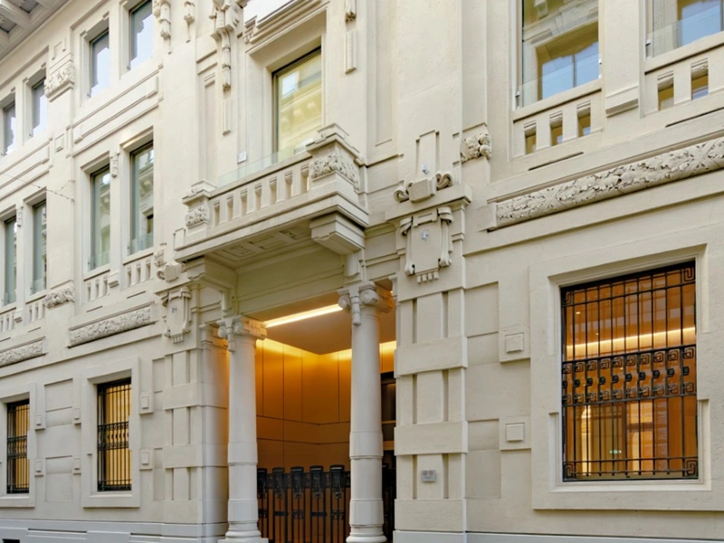 Facade of Bassano Porrone 6 office building, Milan, Italy