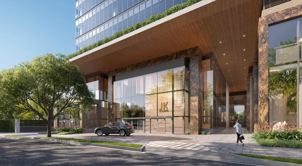 Rendering of JK Square entrance, with large glass wall panelling, Sao Paolo, Brazil