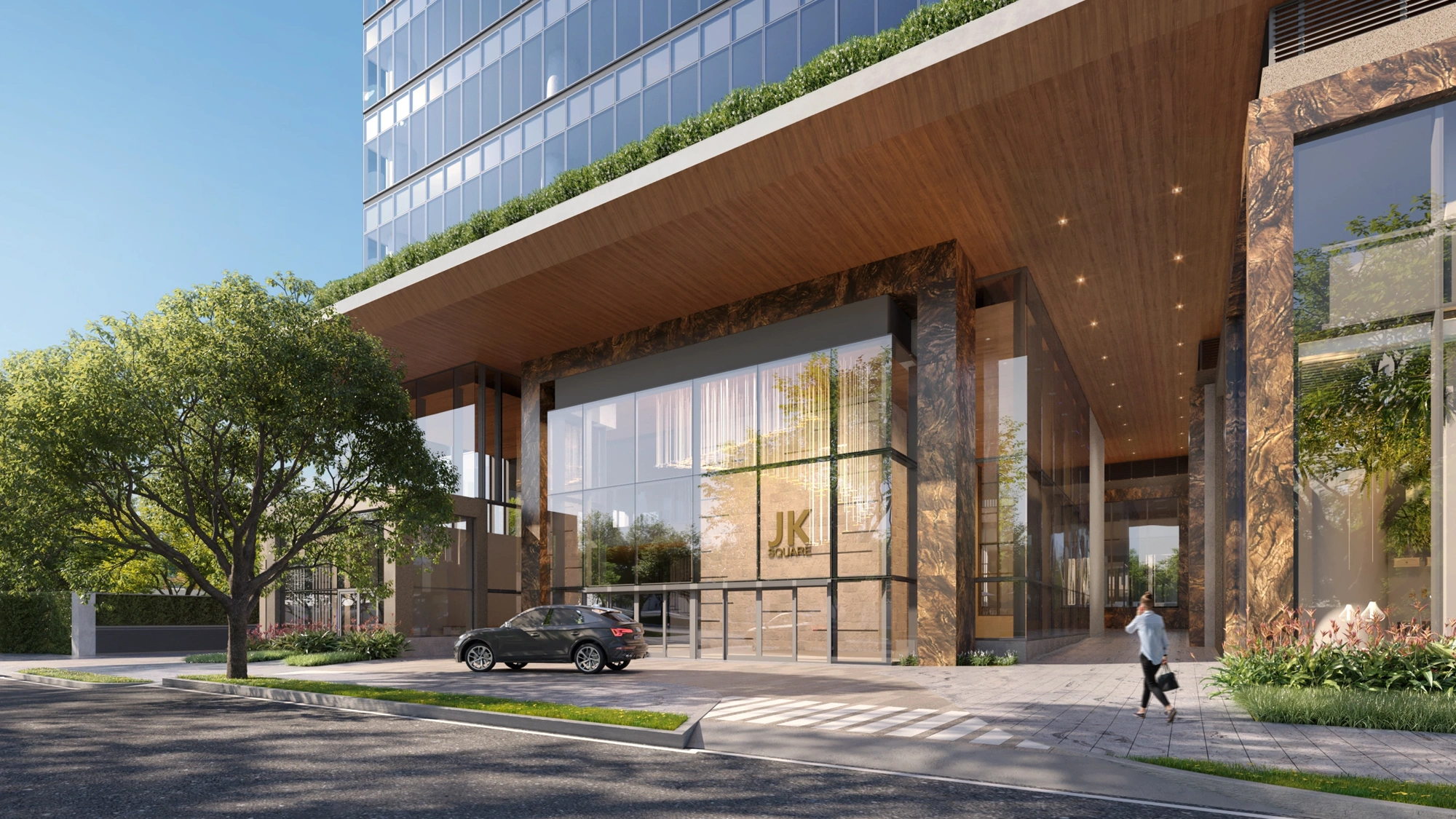 Rendering of JK Square entrance, with large glass wall panelling, Sao Paolo, Brazil