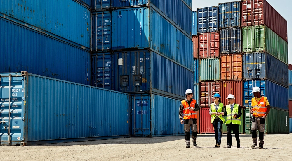 Four people in hi-vis jackets and helmets walk through a shipping container yard