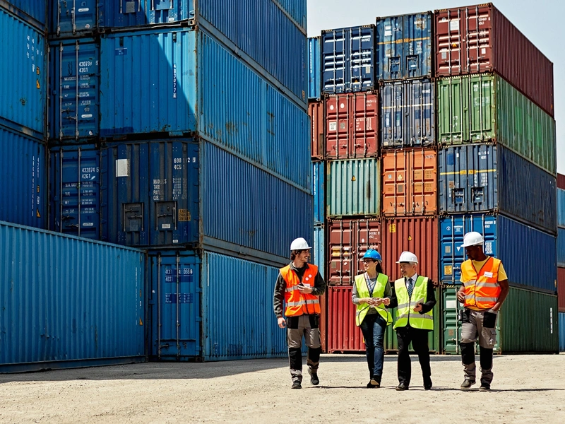 Four people in hi-vis jackets and helmets walk through a shipping container yard