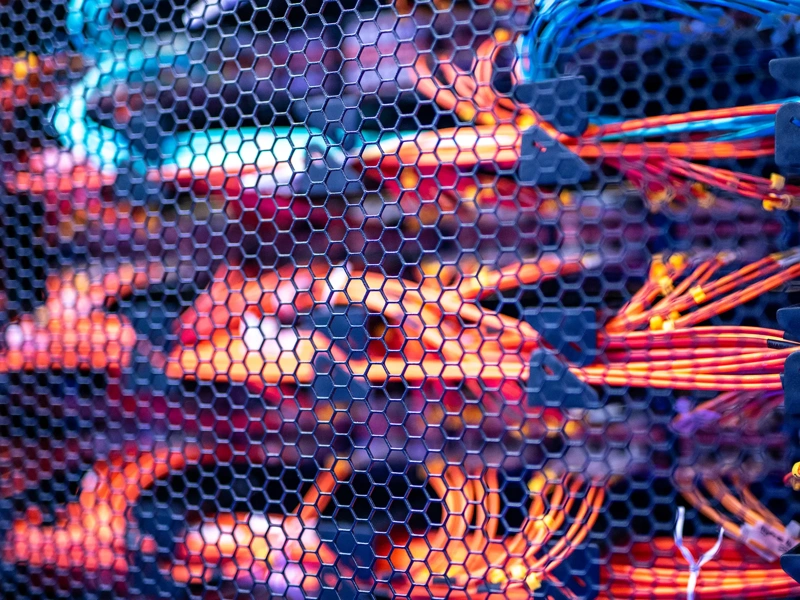 Red and orange cables in server room.