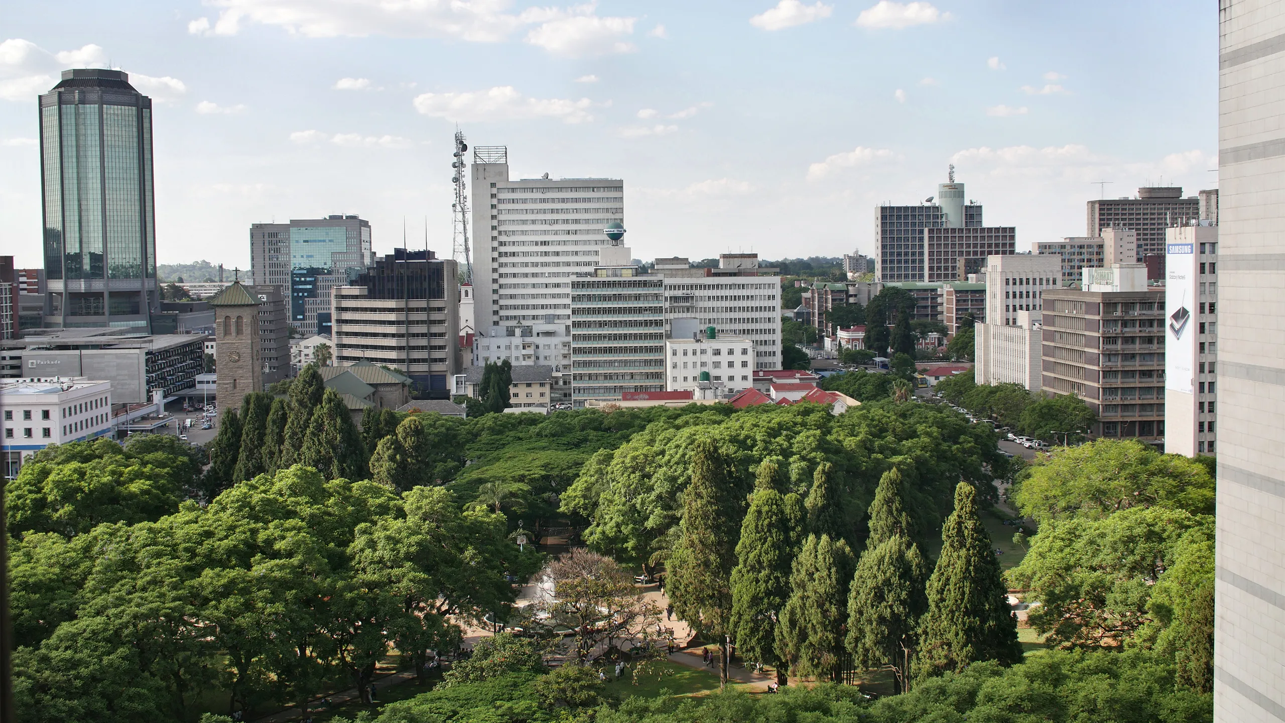 High angle view of buildings and park in midtown Harare, Zimbabwe