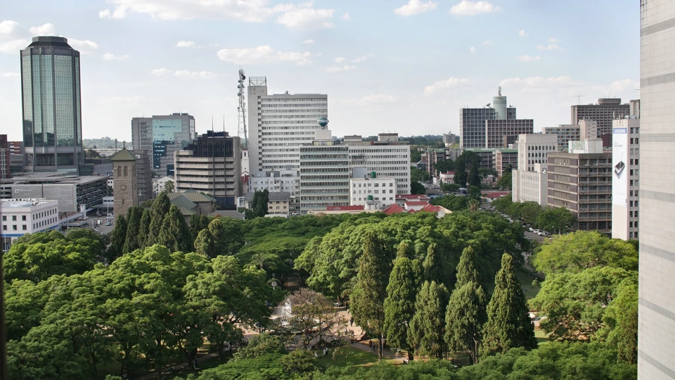 High angle view of buildings and park in midtown Harare, Zimbabwe