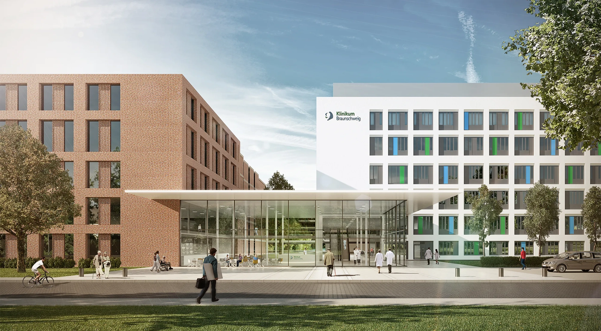 Image of Braunschweig Municipal Hospital, with blue skies and people walking by