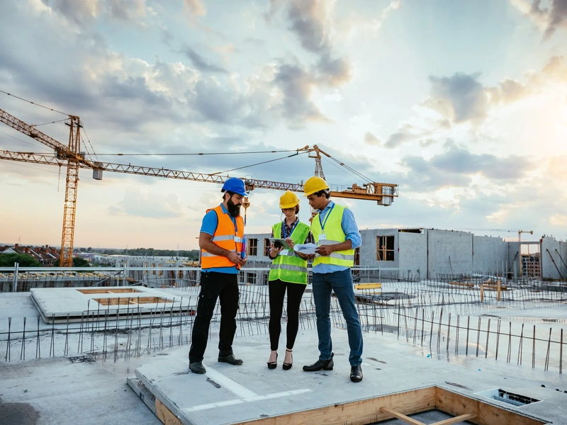 Image of Employees working on construction site, wearing protective equipment and discussing next construction phase