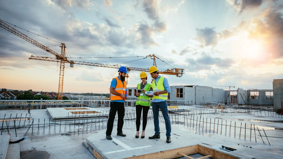 Image of Employees working on construction site, wearing protective equipment and discussing next construction phase