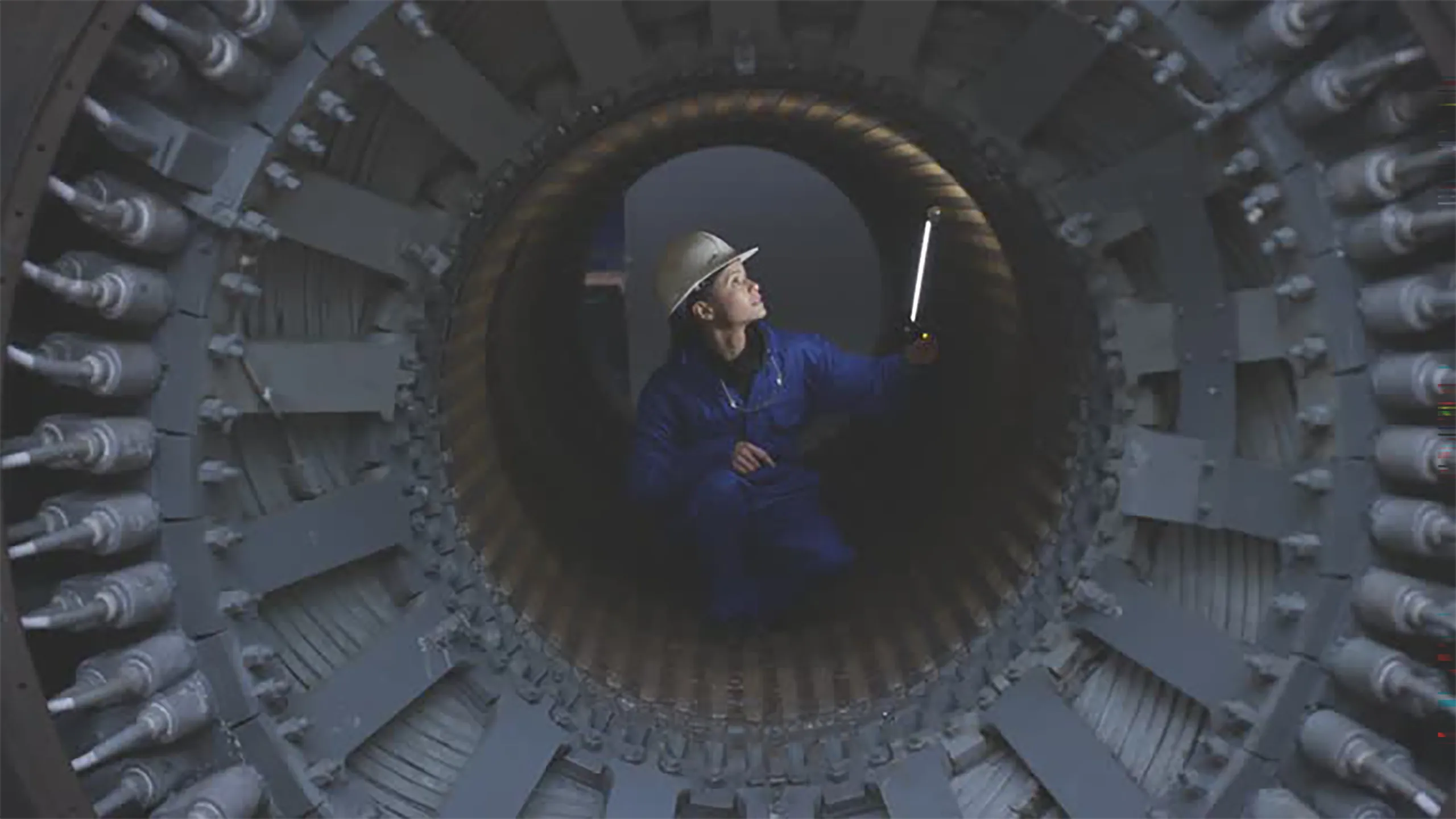 Photo of woman in blue construction wear and white helmet standing inside machine