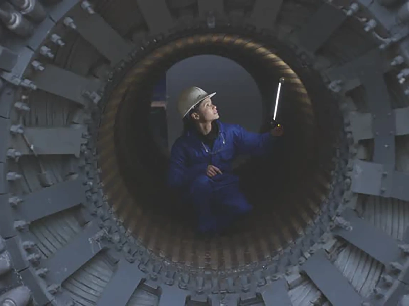 Photo of woman in blue construction wear and white helmet standing inside machine