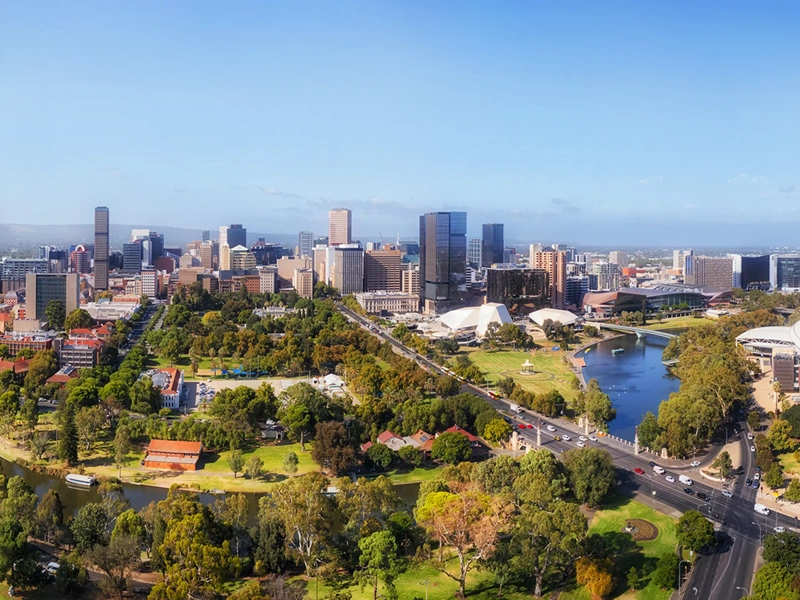Aerial panoramic skyline of Adelaide city in South Australia on Torrens river.