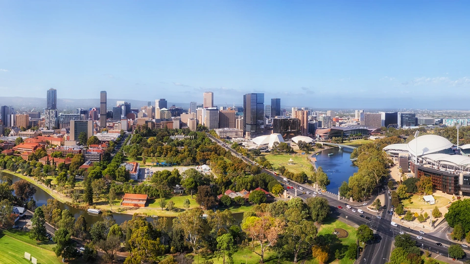 Aerial panoramic skyline of Adelaide city in South Australia on Torrens river.