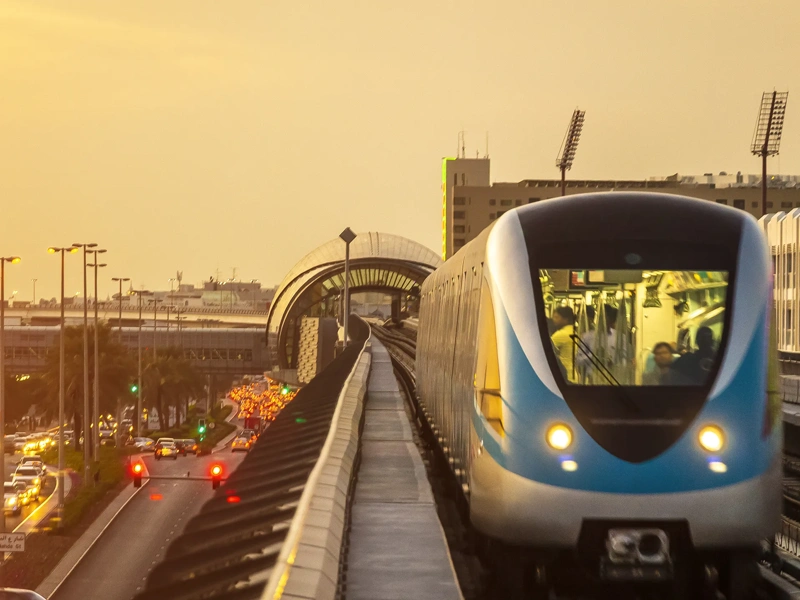 View on the rail road in the background of the urban area.