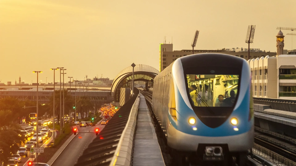 View on the rail road in the background of the urban area.