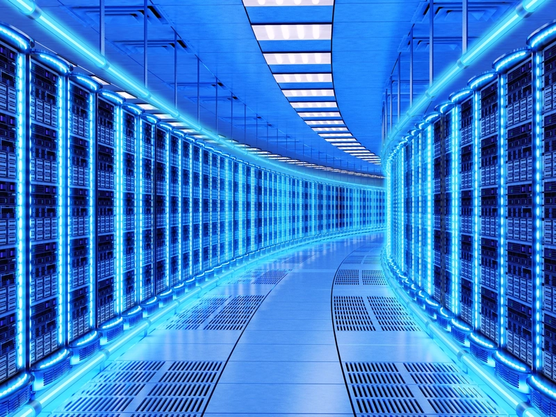 Blue lit curved server room