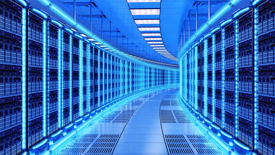 Blue lit curved server room