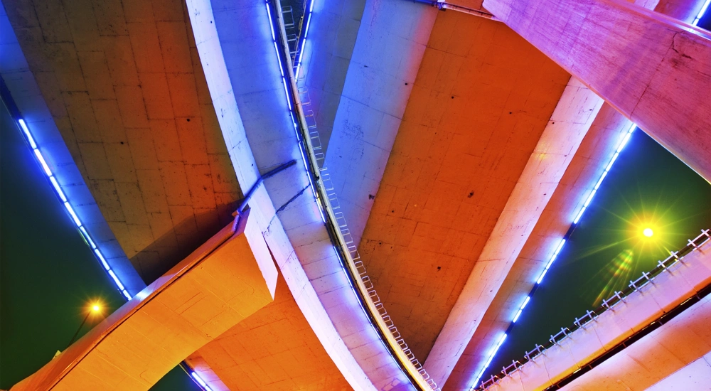 Colourful interior with large staircase