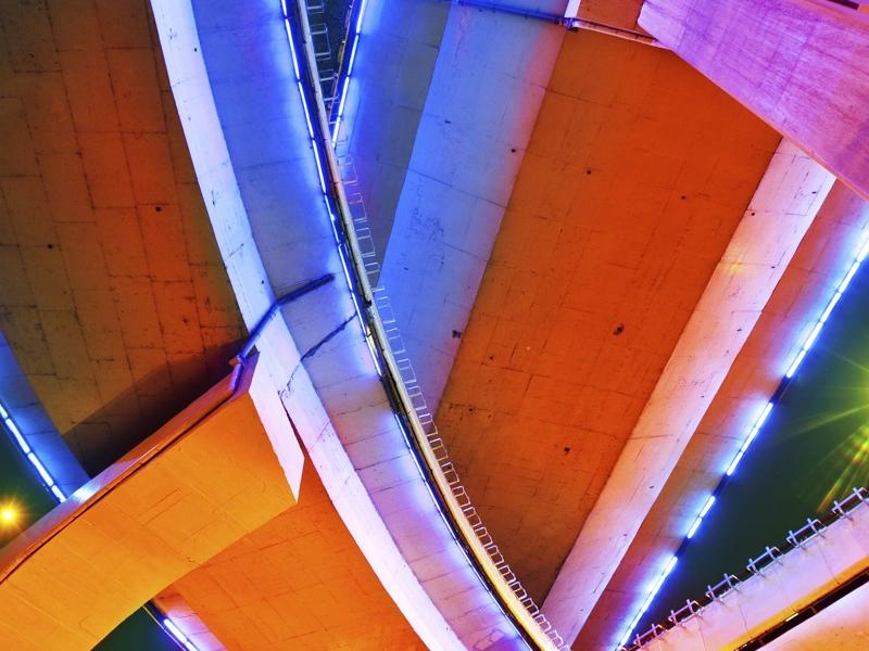 Colourful interior with large staircase
