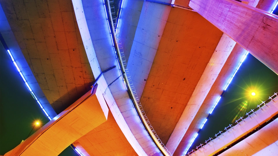 Colourful interior with large staircase