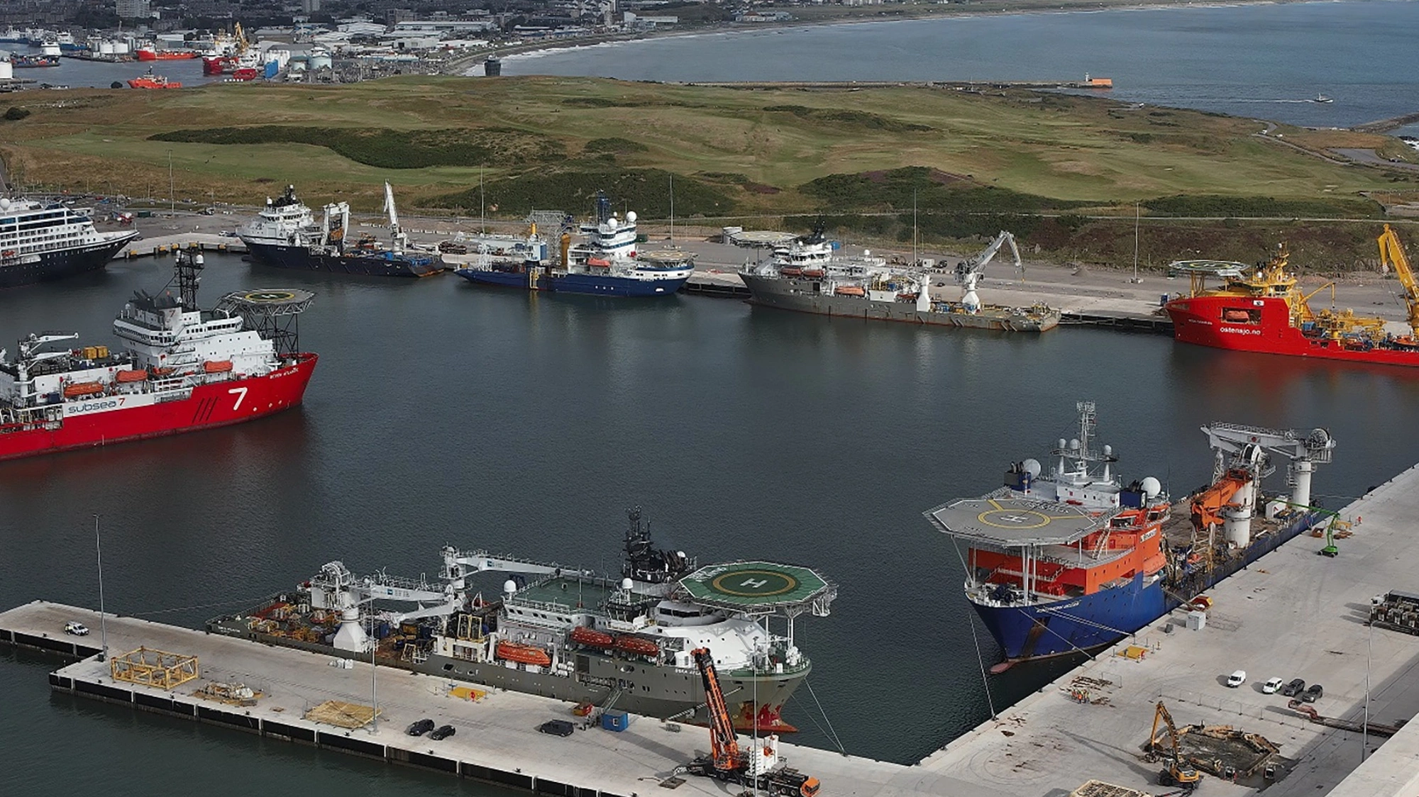 Aerial shot of the Port of Aberdeen, showcasing its South Harbour expansion.