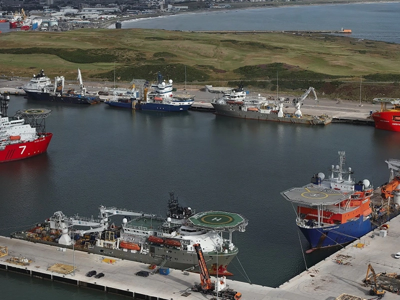 Aerial shot of the Port of Aberdeen, showcasing its South Harbour expansion.
