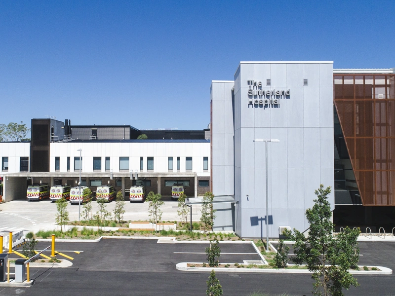 Exterior shot of the Sutherland Hospital Operating Theatre Complex in Australia.