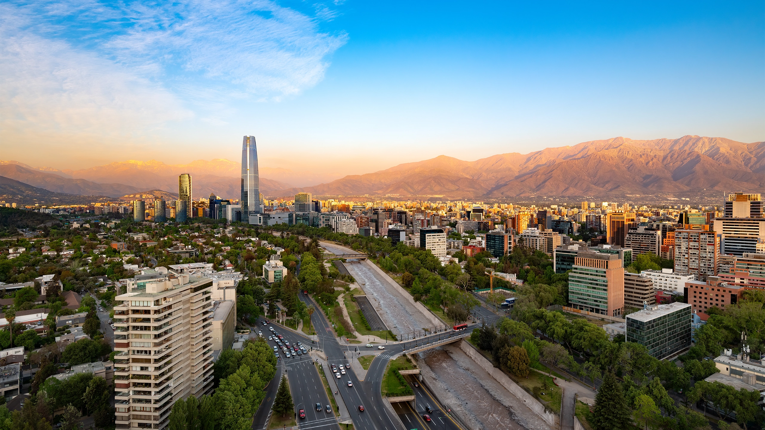Panoramic view of Santiago de Chile with the Andes mountain range in the back