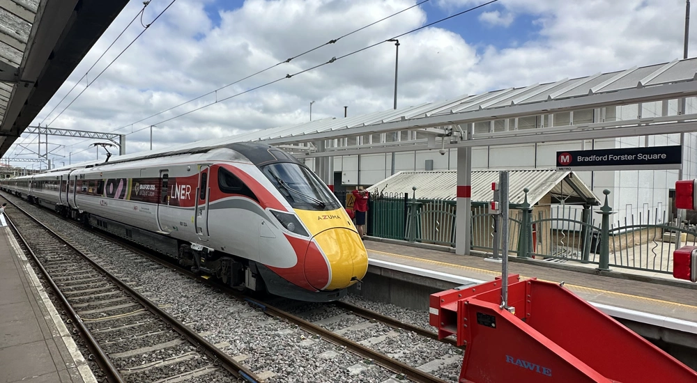 A train on the new railway track at Bradford Forster Square