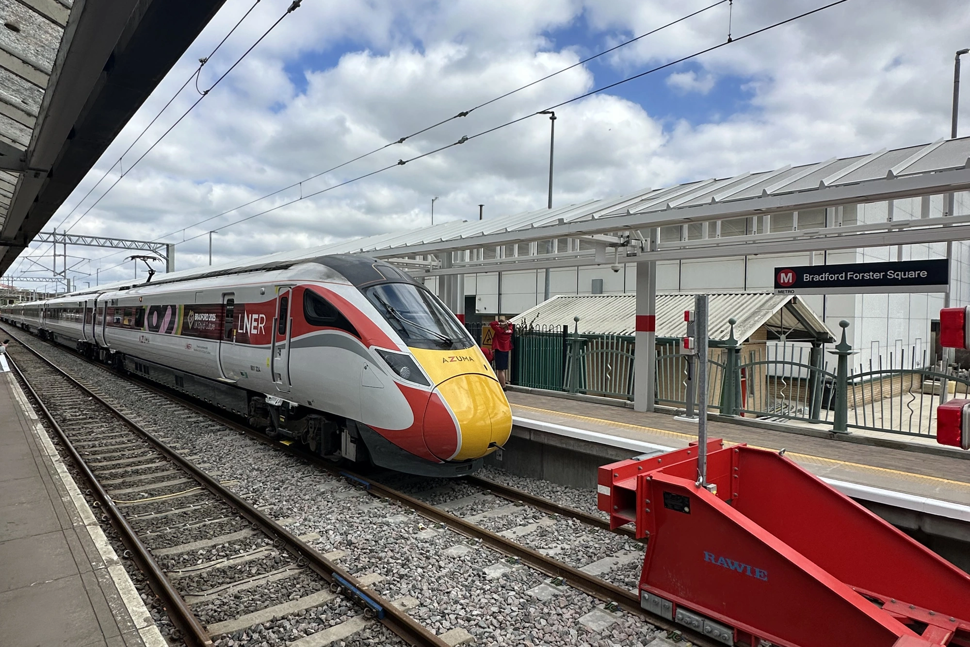 A train on the new railway track at Bradford Forster Square