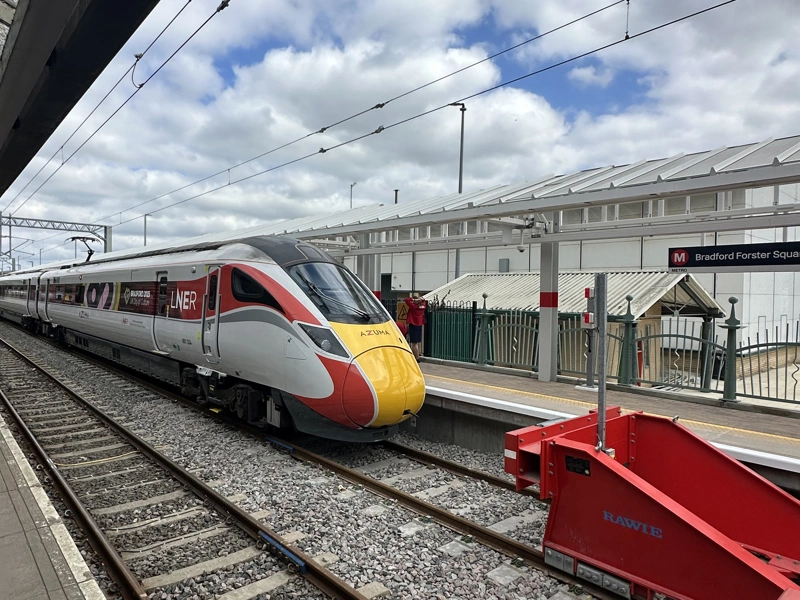 A train on the new railway track at Bradford Forster Square