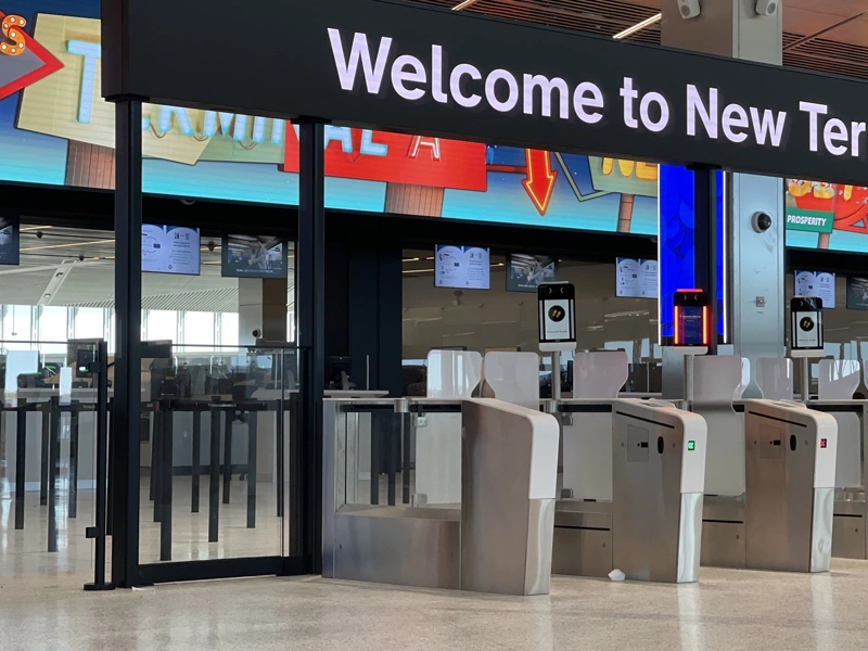 Port terminal in New York with ticket turnstiles