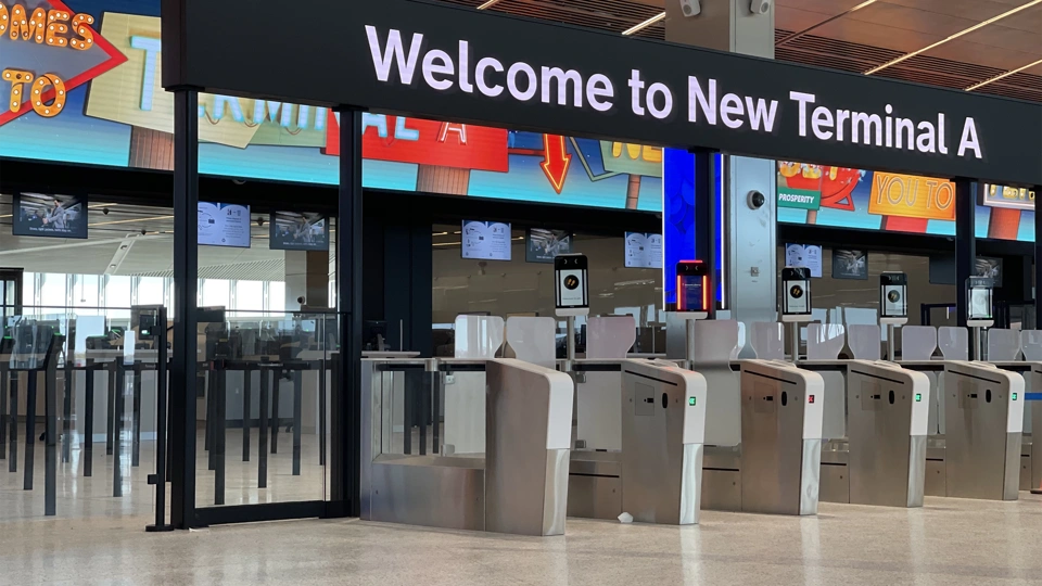 Port terminal in New York with ticket turnstiles