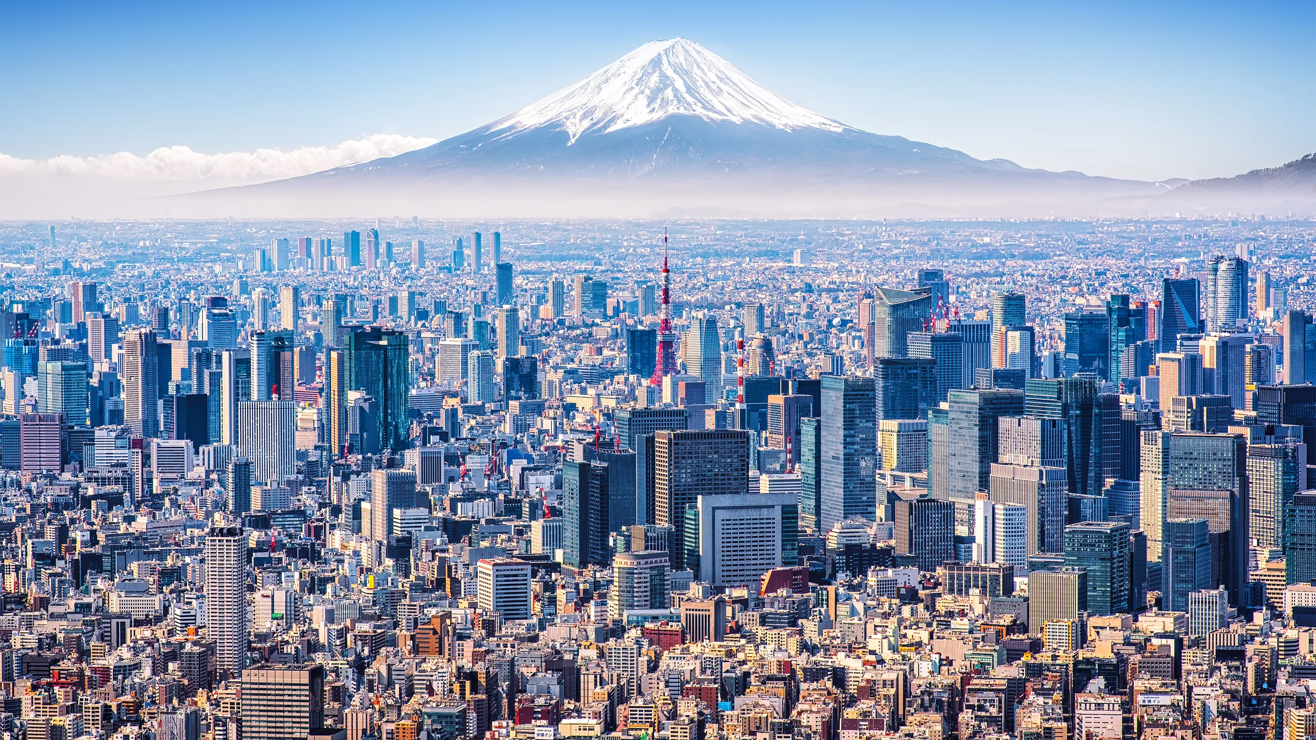 Aerial view of Mount Fuji, Tokyo Tower and modern skyscrapers in Tokyo on a sunny day.