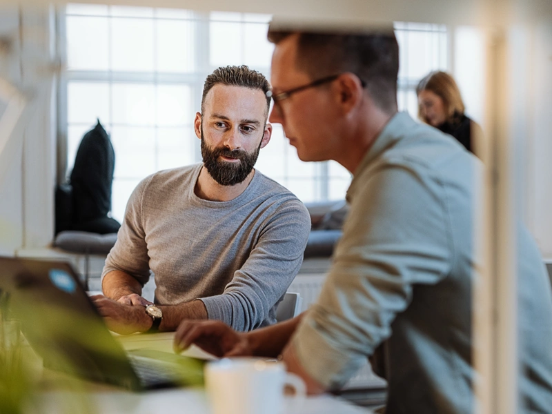 Portrait of two male colleagues working at desk staring at laptop screen.