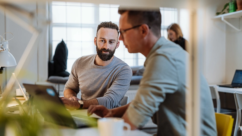 Portrait of two male colleagues working at desk staring at laptop screen.
