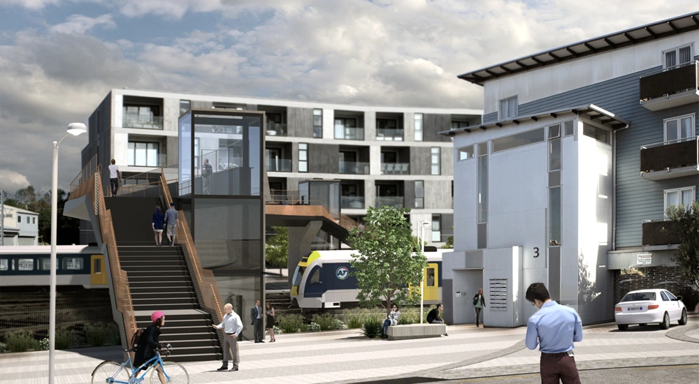 Rendering of City Rail Link redevelopment, featuring pedestrian footbridge over tracks and commuters, New Zealand