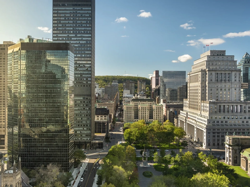 Montreal Quebec Canada downtown city skyline view overlooking Dorchester Square public park