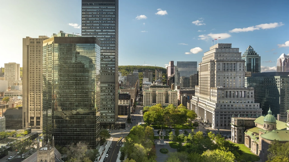 Montreal Quebec Canada downtown city skyline view overlooking Dorchester Square public park