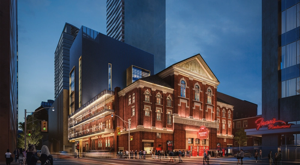 Exterior nighttime shot of Massey Hall in Toronto, Canada.