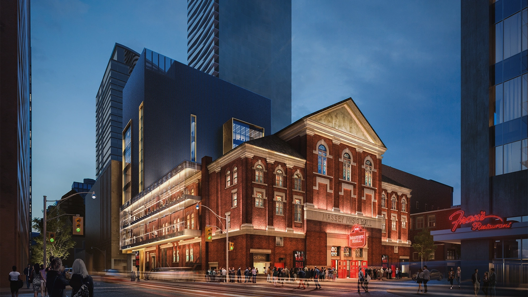 Exterior nighttime shot of Massey Hall in Toronto, Canada.