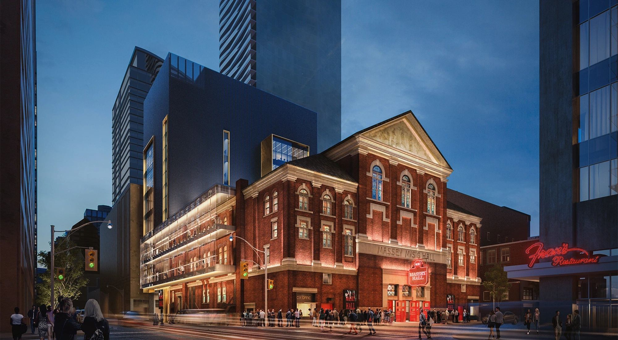 Exterior nighttime shot of Massey Hall in Toronto, Canada.