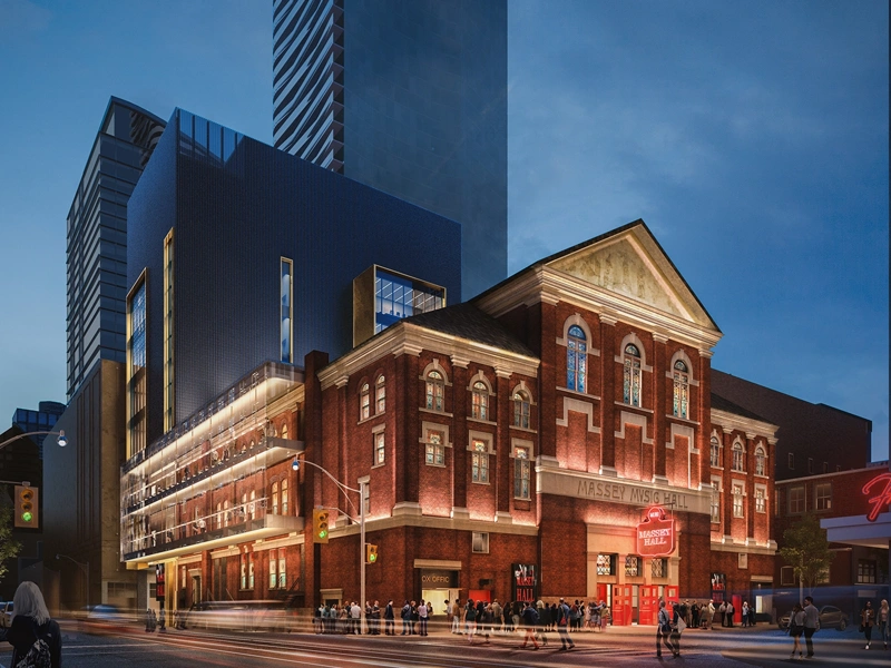 Exterior nighttime shot of Massey Hall in Toronto, Canada.