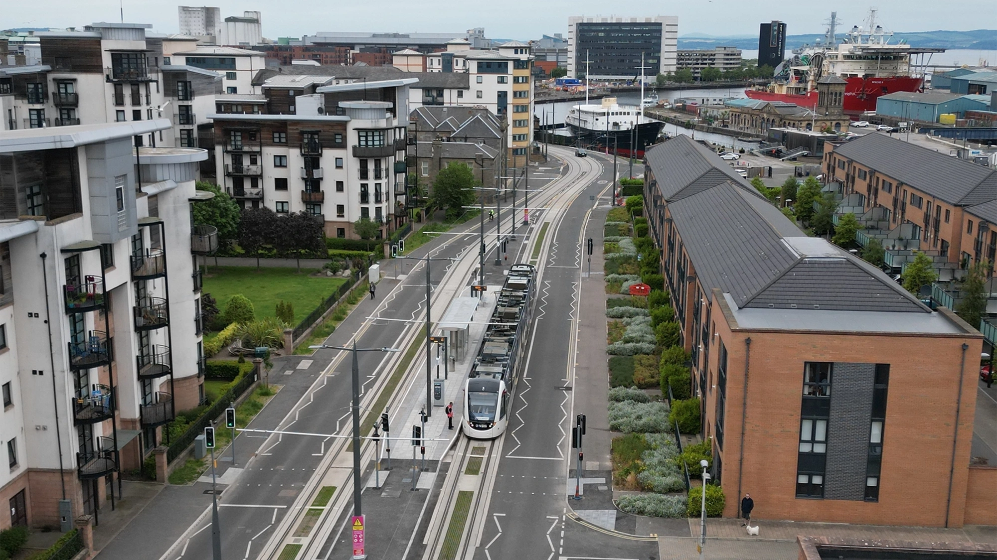 Drone shot of Edinburgh Trams in action.