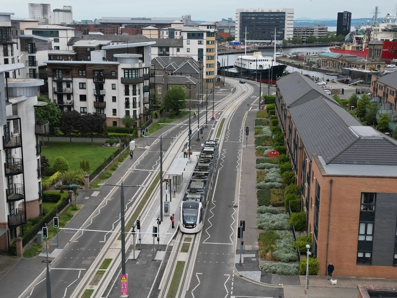 Drone shot of Edinburgh Trams in action.