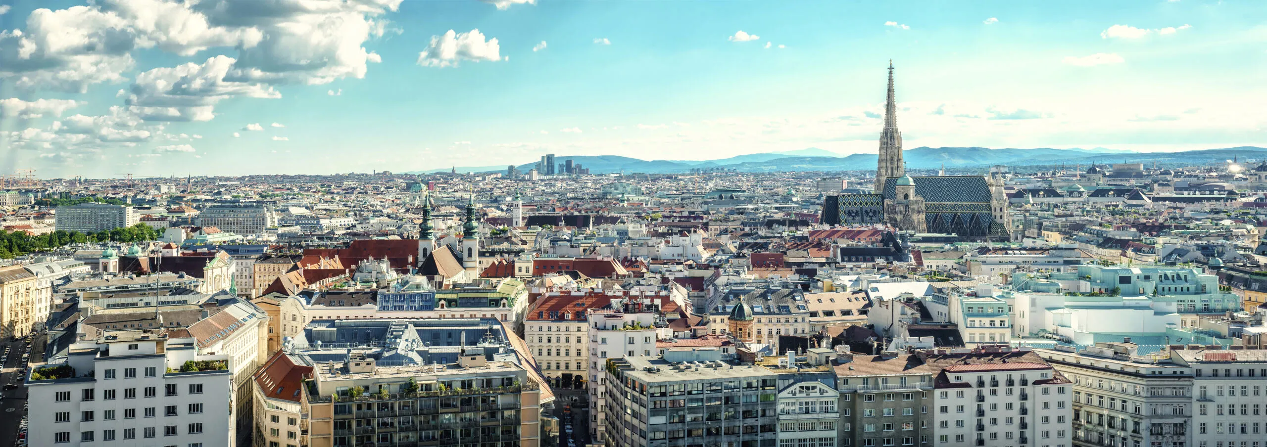 Skyline view of Vienna, showcasing the city with a nice clear blue sky.