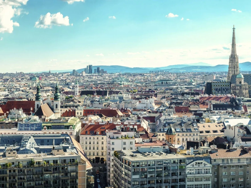 Skyline view of Vienna, showcasing the city with a nice clear blue sky.