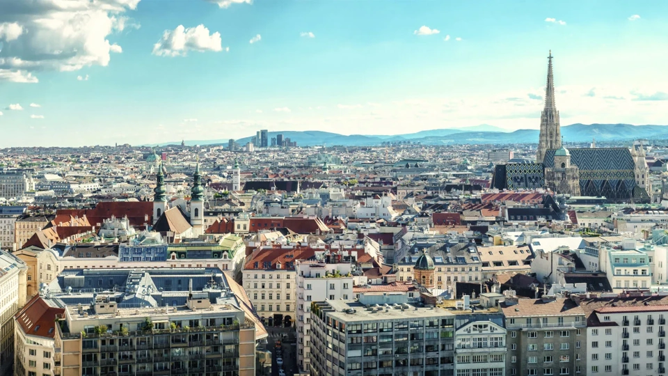 Skyline view of Vienna, showcasing the city with a nice clear blue sky.