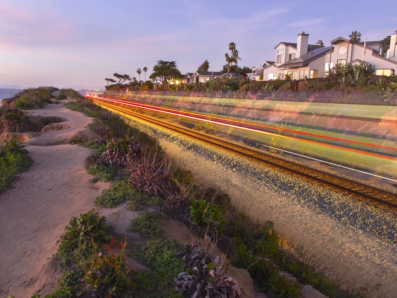 Railway Tracks along Southern California Pacific Ocean Coastline in Del Mar, San Diego County