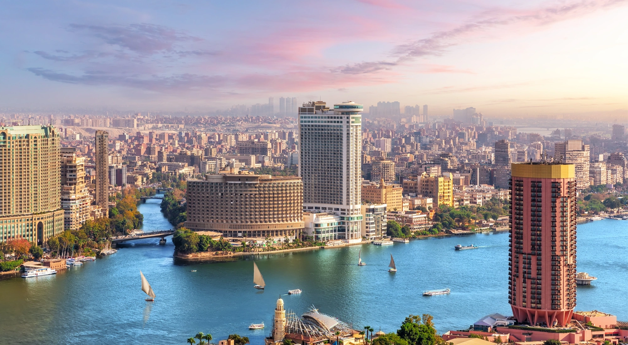 Skyline over the Nile in Cairo before sunset, aerial view