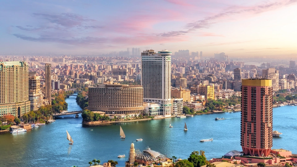Skyline over the Nile in Cairo before sunset, aerial view