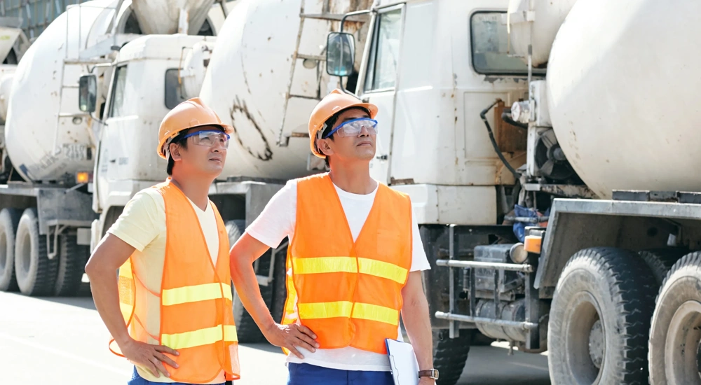 Smiling contractors walking along rows of concrete mixer trucks and planning working day at construction site